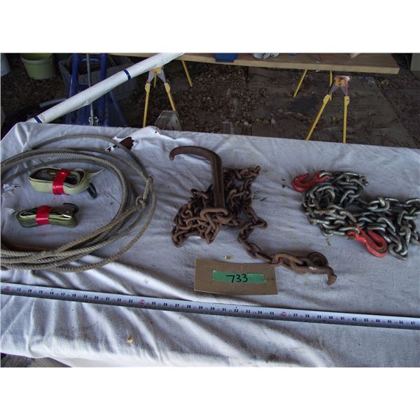 1- 10 ft chain 3/8 w/hooks, 1- 10ft chain 5/16 w/big and little hooks, 1- Lariat rope, 2- tie downs.