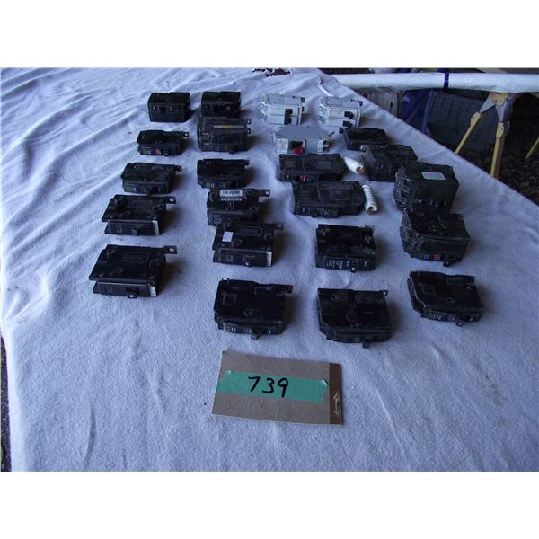 Assorted electrical breakers, Mostly Sq D & Westinghouse bolt in style, 2 push in style