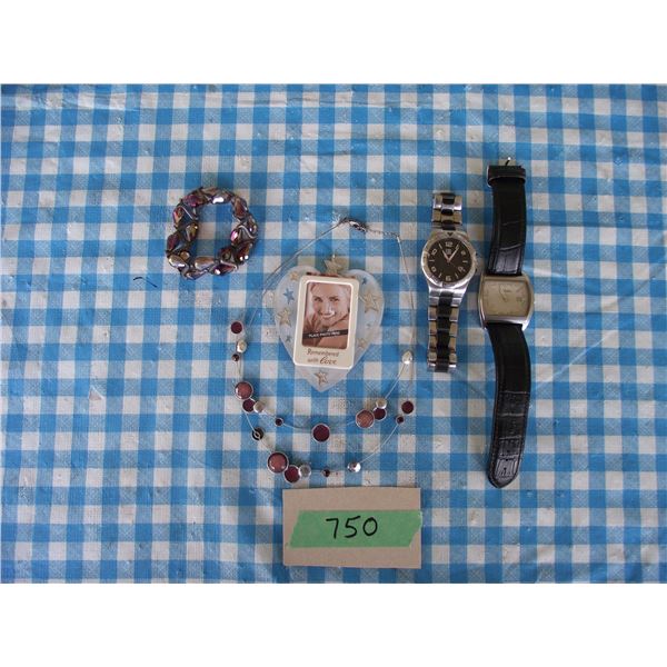 Jewelry items, including 2 men's watches, ESQ (needs repair)& Fossil, both need batteries