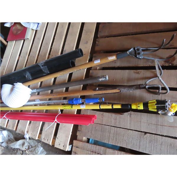 garden claw , rooter , tiki torch , assorted poles