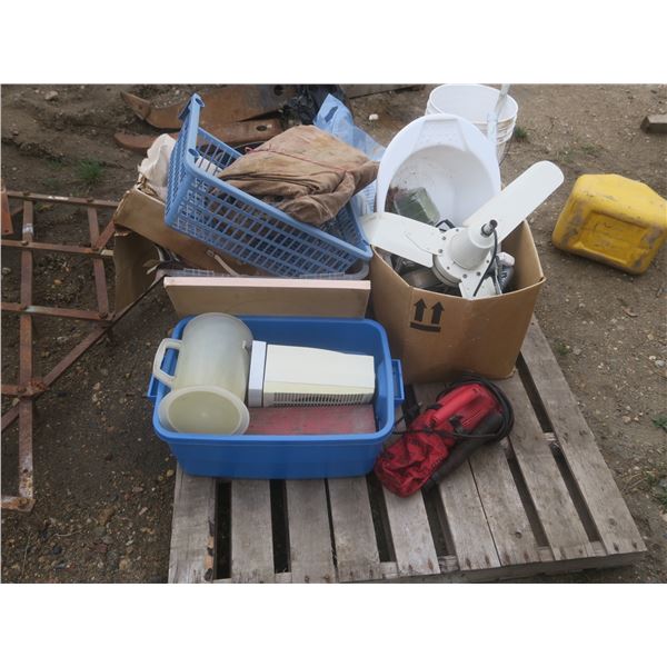 pallet of fan blade, vacuum and tubs of assorted hardware