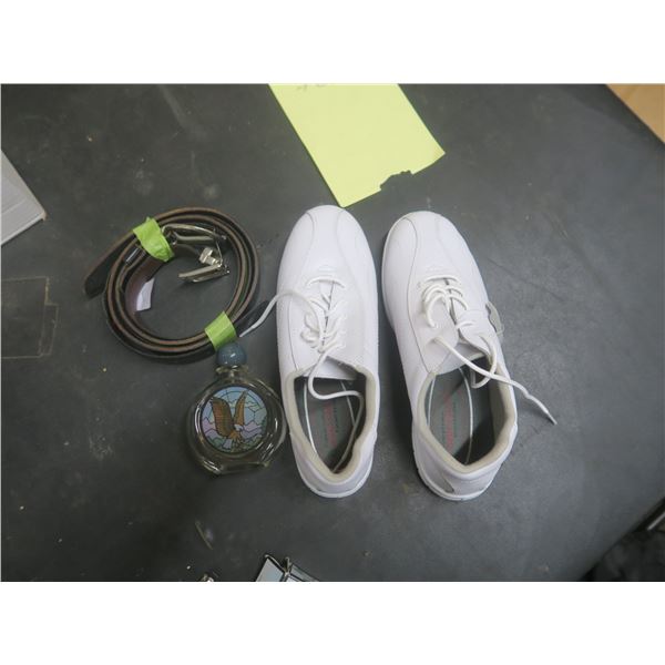 size 9 woman's shoes, belt vintage bottle