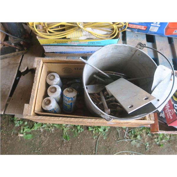 wooden box of assorted steel and 4 bottles of refrigerant