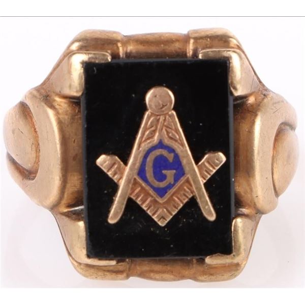10K YELLOW GOLD MEN'S ONYX MASONIC RING