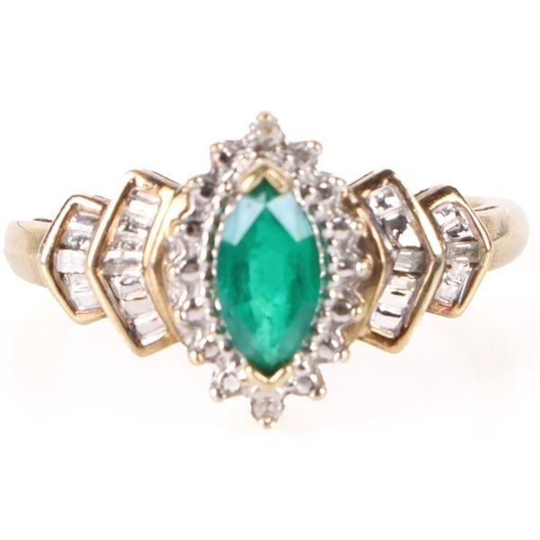 14K YELLOW GOLD DIAMOND EMERALD LADIES RING