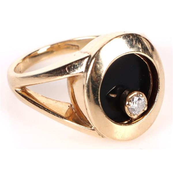 SPINNING DIAMOND14K YELLOW GOLD ONYX UNISEX RING