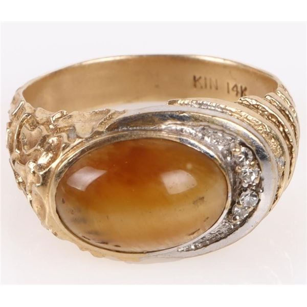 14K YELLOW GOLD LADIES TIGERS EYE & DIAMOND RING
