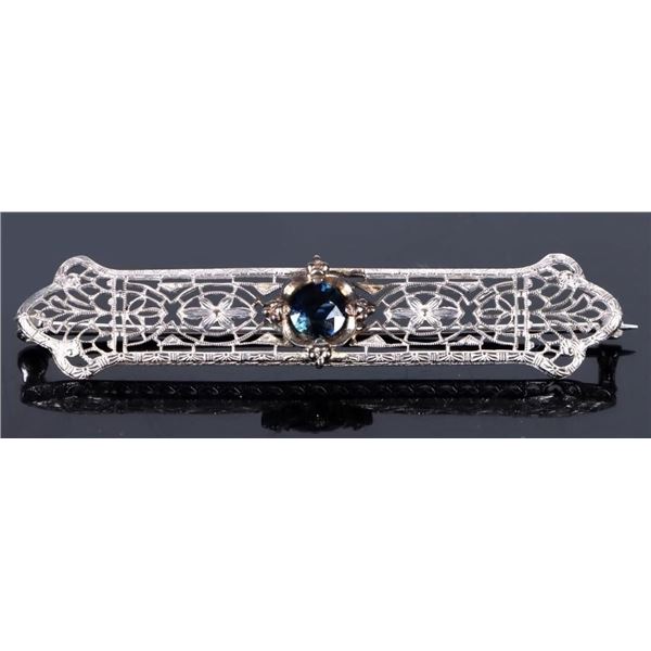 14K WHITE GOLD BLUE SAPPHIRE FILIGREE BROOCH