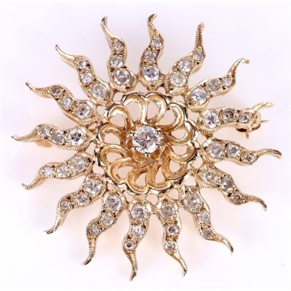 14K YELLOW GOLD FULL ROUND DIAMOND LADIES BROOCH