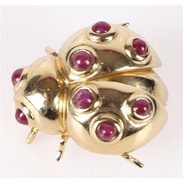 14K YELLOW GOLD CABOCHON RUBY LADYBUG BROOCH