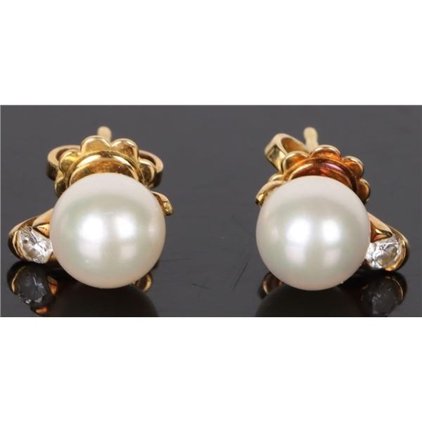 18K YELLOW GOLD PEARL DIAMOND LADIES EARRINGS