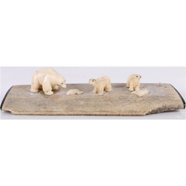 INUIT CARVED POLAR BEARS ON ANTLER BASE C. 1960-70
