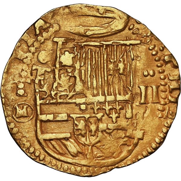 SPAIN, Toledo, gold cob 2 escudos, Philip II, assayer M-in-circle below mintmark oT to left, denomin