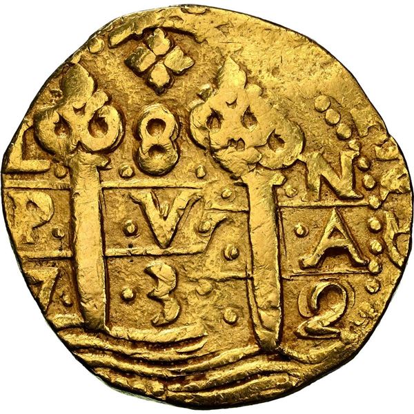 PERU, Lima, gold cob 8 escudos, 1732 N, NGC AU details / removed from jewelry.