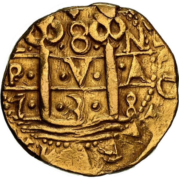 PERU, Lima, gold cob 8 escudos, 1738 N, NGC AU details / removed from jewelry.