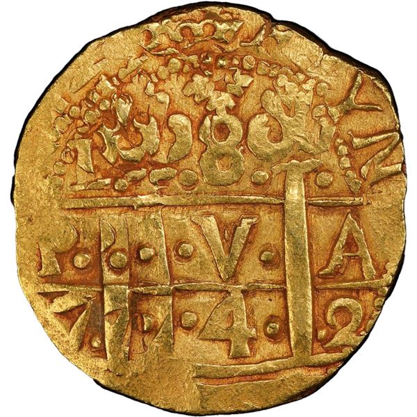 PERU, Lima, gold cob 8 escudos, 1742 V, PCGS AU55, finest known in PCGS census.