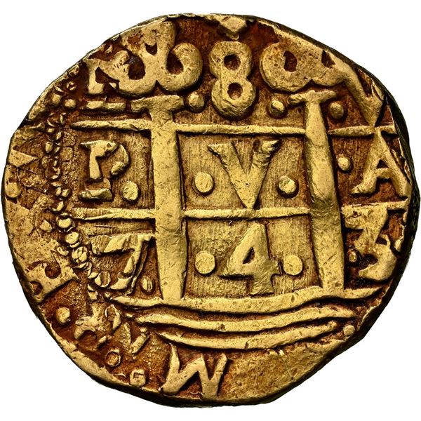 PERU, Lima, gold cob 8 escudos, 1743/2 V, very rare, NGC XF details / edge filing.