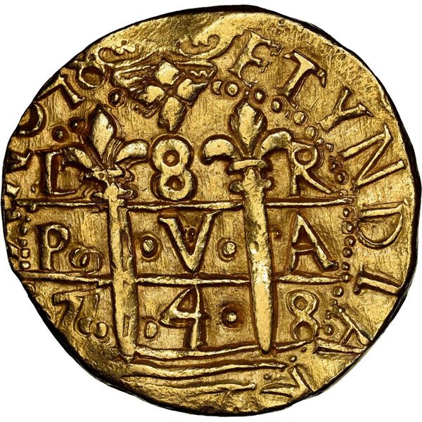 PERU, Lima, gold cob 8 escudos, 1748 R, NGC MS 63.