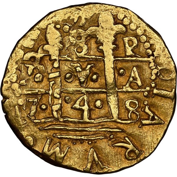 PERU, Lima, gold cob 8 escudos, 1748 R, NGC AU 55.