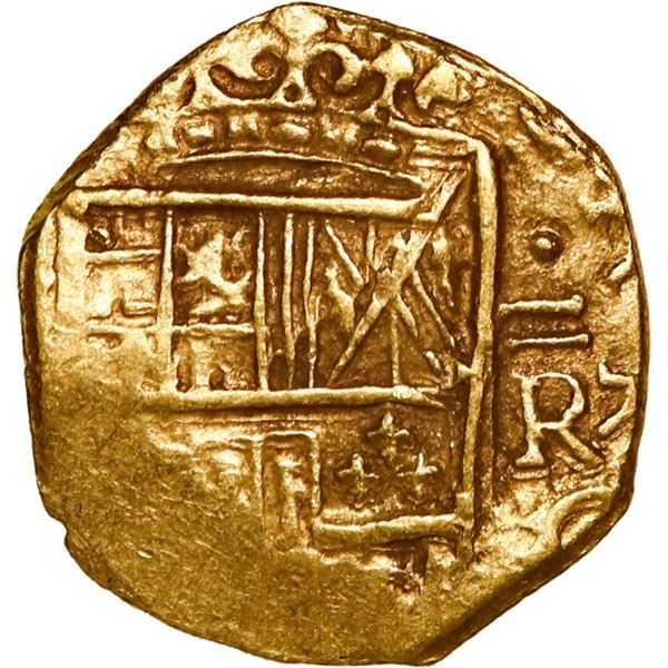 COLOMBIA, Bogotá, gold cob 2 escudos, Charles II, assayer R below denomination II to right, mintmark