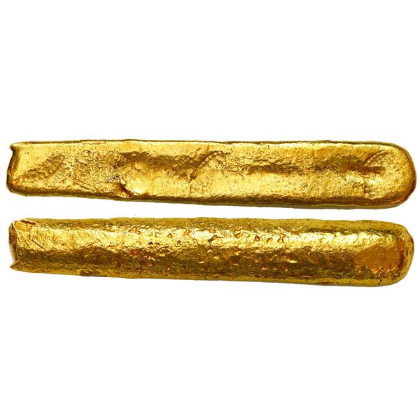 Gold "finger bar" ingot 548, 455 grams, tested at 21½K fine gold, marked with three partial tax stam