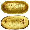 Image 1 : Gold oval ingot, 645.26 grams, tested at 0.819 fine gold (19.656K), marked with V-over-upside-down-V
