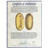 Image 2 : Gold oval ingot, 645.26 grams, tested at 0.819 fine gold (19.656K), marked with V-over-upside-down-V
