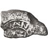 Image 1 : Small silver "plata corriente" piece cut from a "splash" ingot with partial tax stamp, 11.81 grams, 