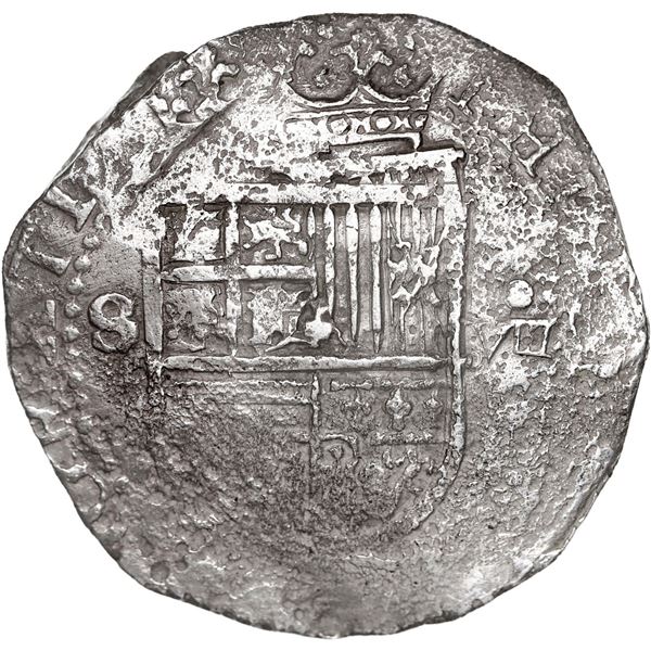 SPAIN, Seville, cob 8 reales, Philip II, assayer Gothic D at 4 o'clock outside tressure on reverse.