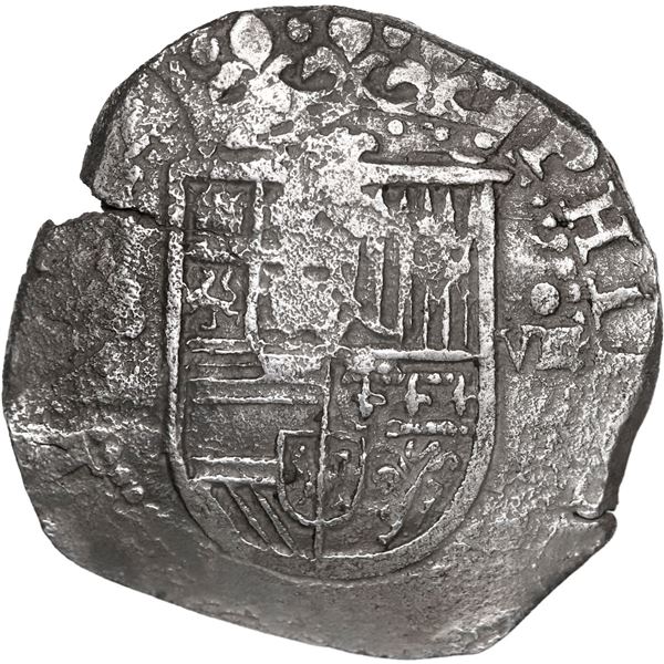 SPAIN, Seville, cob 8 reales, Philip II, assayer Gothic D at 4 o'clock outside tressure on reverse.