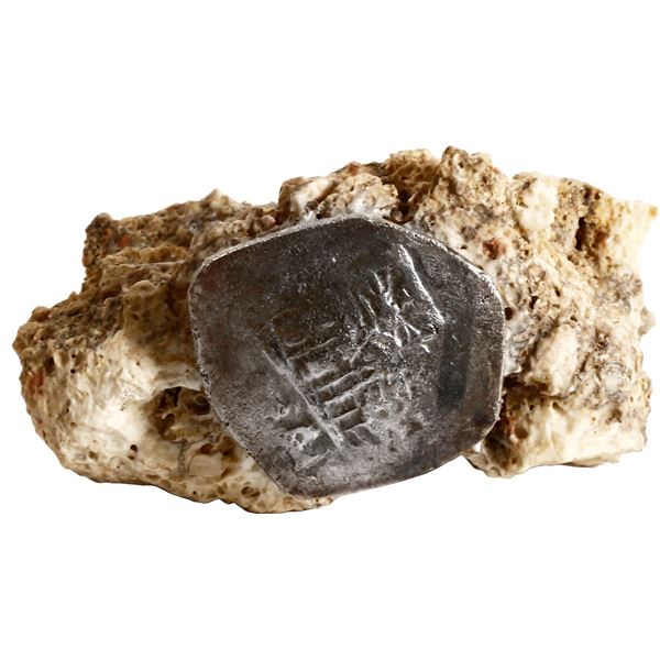 MEXICO, Mexico City, cob 4 reales, Philip IV, assayer P, single coin embedded in a chunk of coral, a