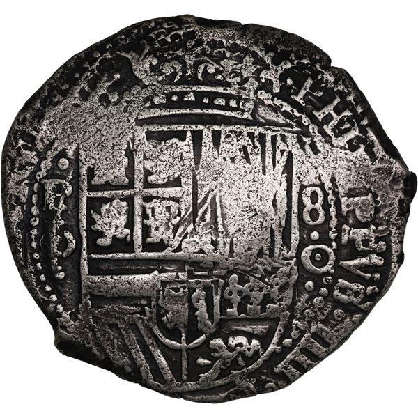 BOLIVIA, Potosí, cob 8 reales, 1650 (modern 5, with dots) O, with pentagonal crowned-1605 countermar