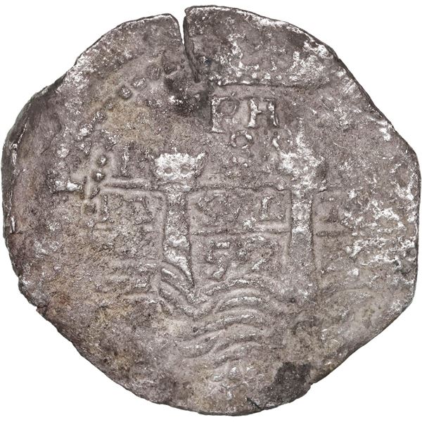 BOLIVIA, Potosí, cob 8 reales, 1652 E, post-transitional (Transitional Type VIII/B), 1-PH-6 at top.