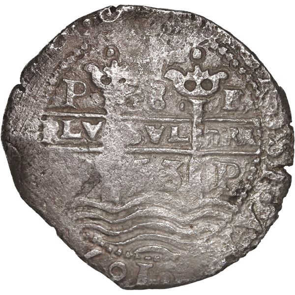 BOLIVIA, Potosí, cob 8 reales, 1653 E, •PH• at top, four-digit date below cross.