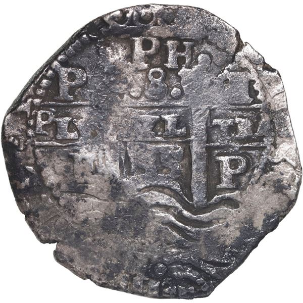 BOLIVIA, Potosí, cob 8 reales, 1655 E, PH at top, denomination •8• above cross.