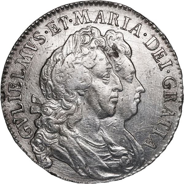 GREAT BRITAIN, London, England, half crown, William and Mary, 1692, QVINTO on edge.