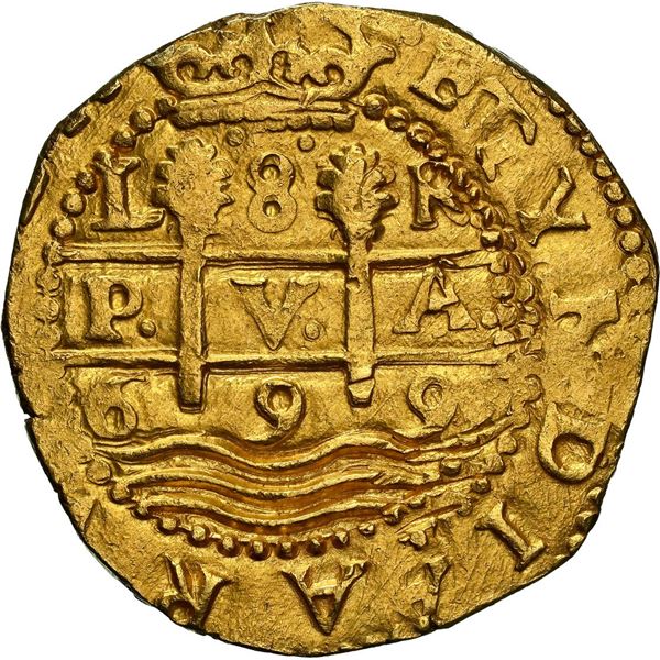 PERU, Lima, gold cob 8 escudos, 1699 R, short pillars, NGC MS 61 (1715 Fleet Shipwreck Label).