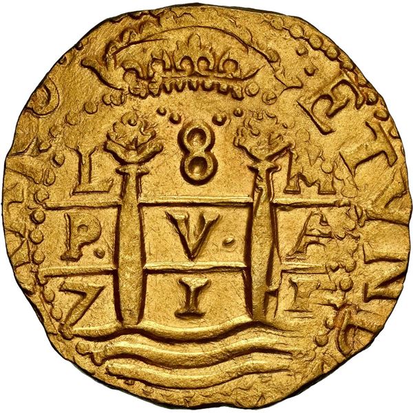 PERU, Lima, gold cob 8 escudos, 1711 M, legend starting at 6 o'clock, NGC MS 64 (1715 Fleet Shipwrec