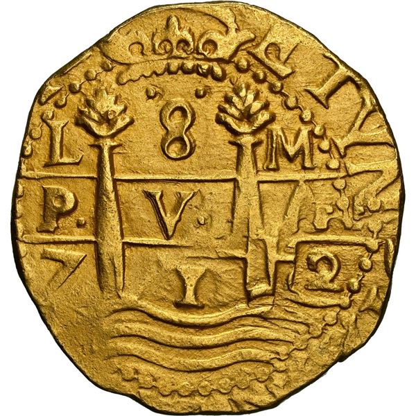PERU, Lima, gold cob 8 escudos, 1712 M, legend starting at 6 o'clock, NGC MS 62 (1715 Fleet Shipwrec