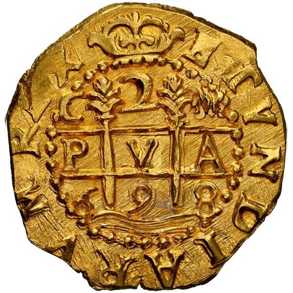 PERU, Cuzco, gold cob 2 escudos, 1698 M, HISPANIRVM error, broad flan ("Lima" cut), very rare, NGC M