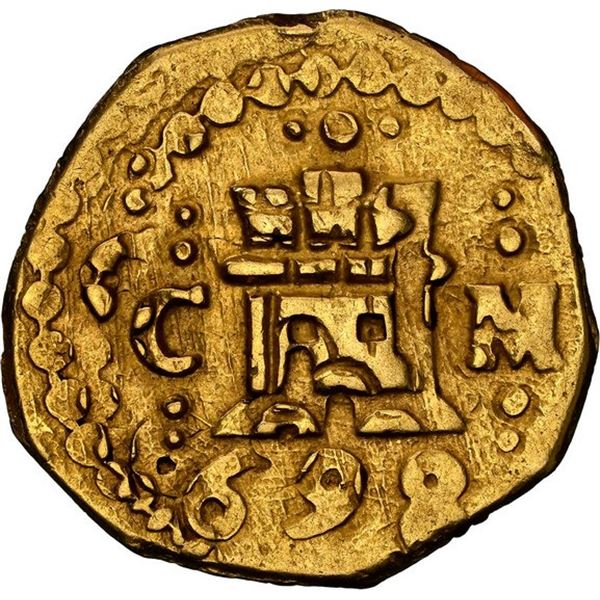 PERU, Cuzco, gold cob 1 escudo, 1698 M, extremely rare, NGC AU 58 (1715 Fleet Shipwreck Label).