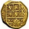 Image 1 : COLOMBIA, Bogotá, gold cob 2 escudos, 1704/3 no assayer (Arce), dots in tressure-dimple ringlets, NG