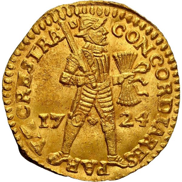 NETHERLANDS (United), Utrecht, gold ducat, 1724, NGC MS 64 (Shipwreck Blue Label).