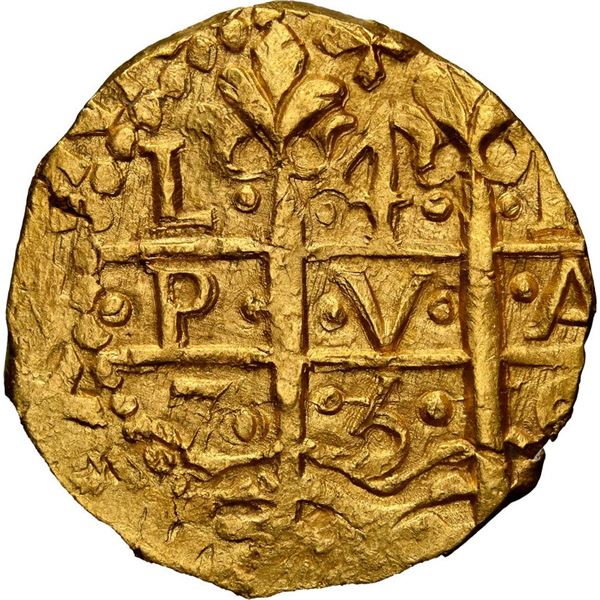 PERU, Lima, gold cob 4 escudos, 1750 R, mule with 8E cross side, rare, NGC MS 63 (Shipwreck Blue Lab