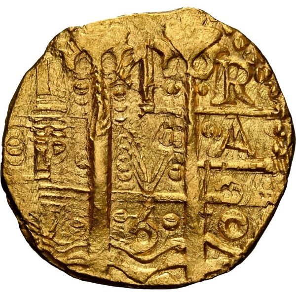 PERU, Lima, gold cob 4 escudos, 1750 R, mule with 8E cross side, rare, NGC MS 62 (Shipwreck Blue Lab