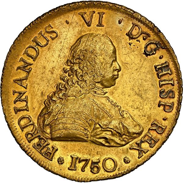 CHILE, Santiago, gold bust 8 escudos, Ferdinand VI, 1750 J, NGC AU details / cleaned (Shipwreck Blue