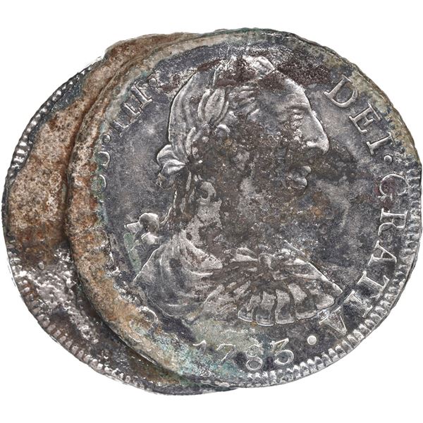 MEXICO, Mexico City, clump of two bust 8 reales, Charles III, 1783 FF, encrusted on edges.