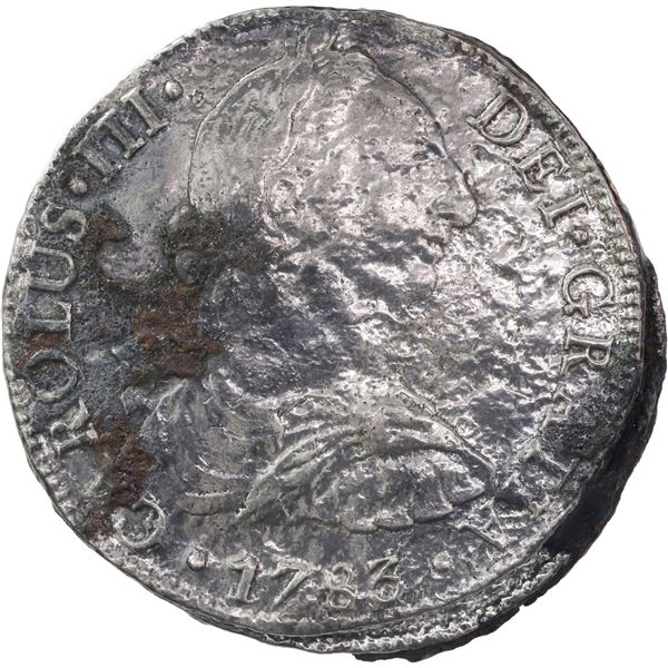 MEXICO, Mexico City, clump of two bust 8 reales, Charles III, 1783 FF, encrusted on reverse.