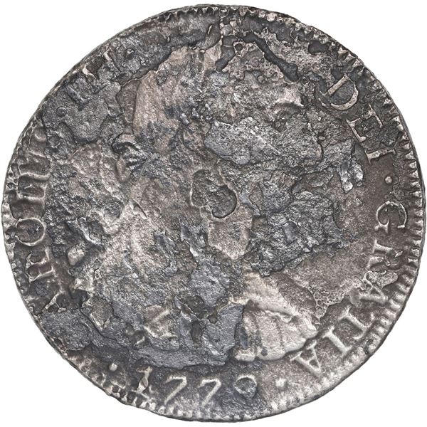 SPANISH COLONIAL, mint uncertain, bust 8 reales, Charles III, 1779 assayer not visible, ex-Lloyd's.