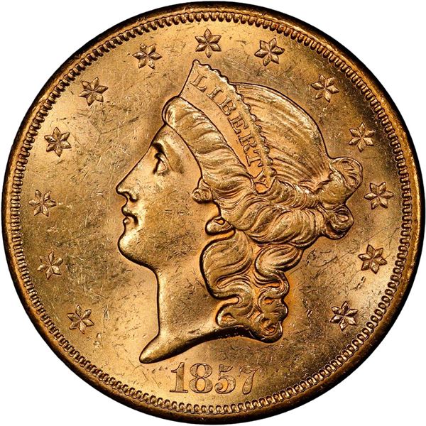 UNITED STATES, San Francisco mint, gold $20 Coronet Liberty "double eagle," 1857-S, no serif, right